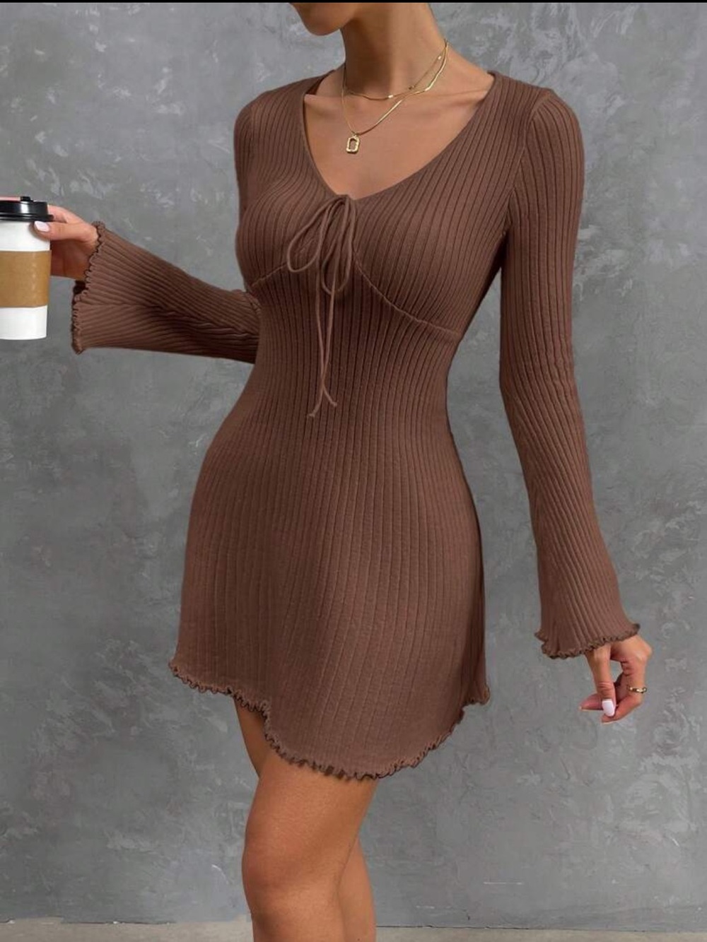 Coffee Brown Ribbed Knit Dress with Tie Front